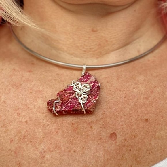 Pink Jasper Chunk Wire Wrapped Pendant Handcrafted - Picture 1 of 4